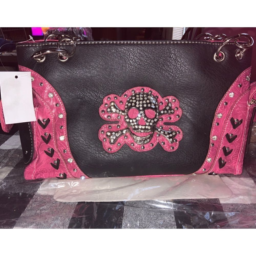 Embroidered Rhinestone Skull Contrast CC Handbag